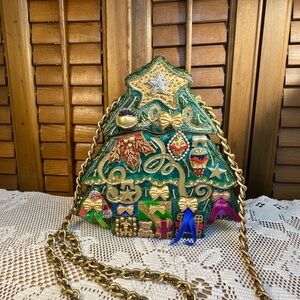 Vintage RARE Mary Frances 90's Christmas Tree Hard Shell Purse Handmade Bag